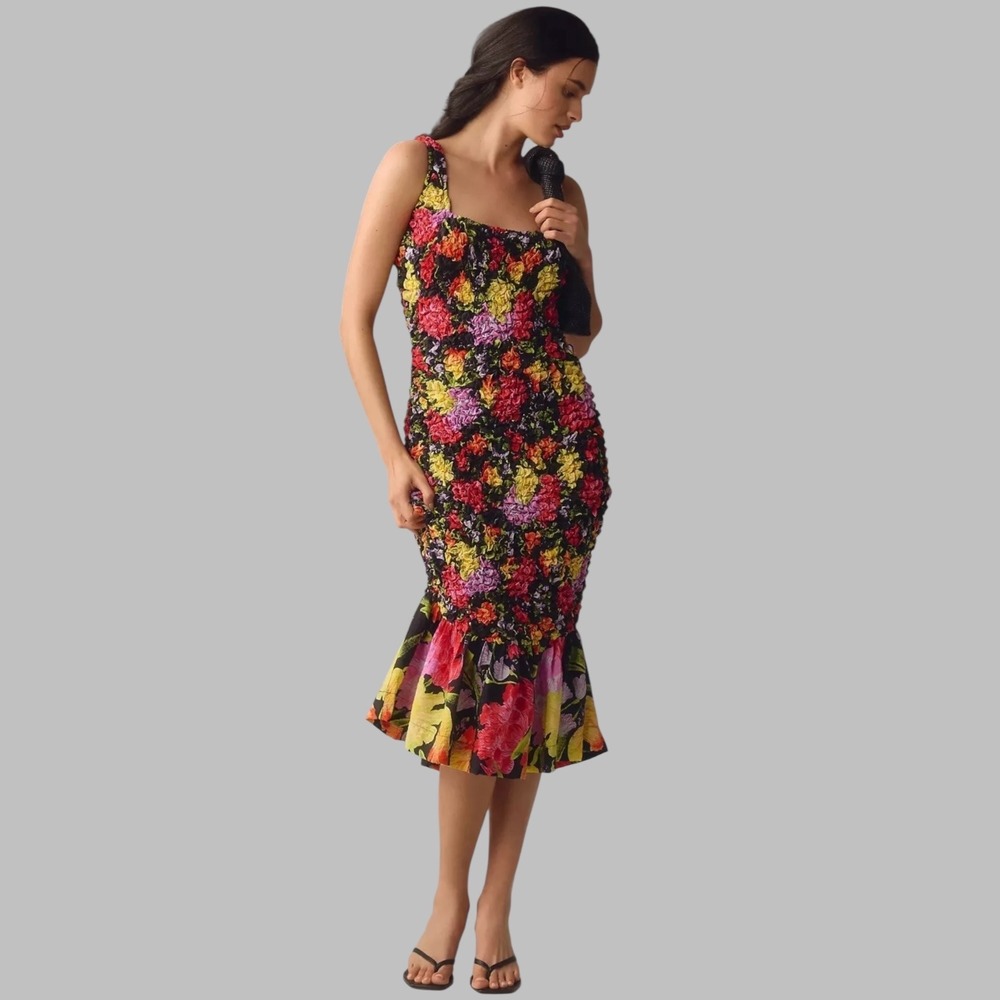 Yukiko‎ Noritake Anthropologie Floral Smocked Ruffle Dress Black Multi S/M